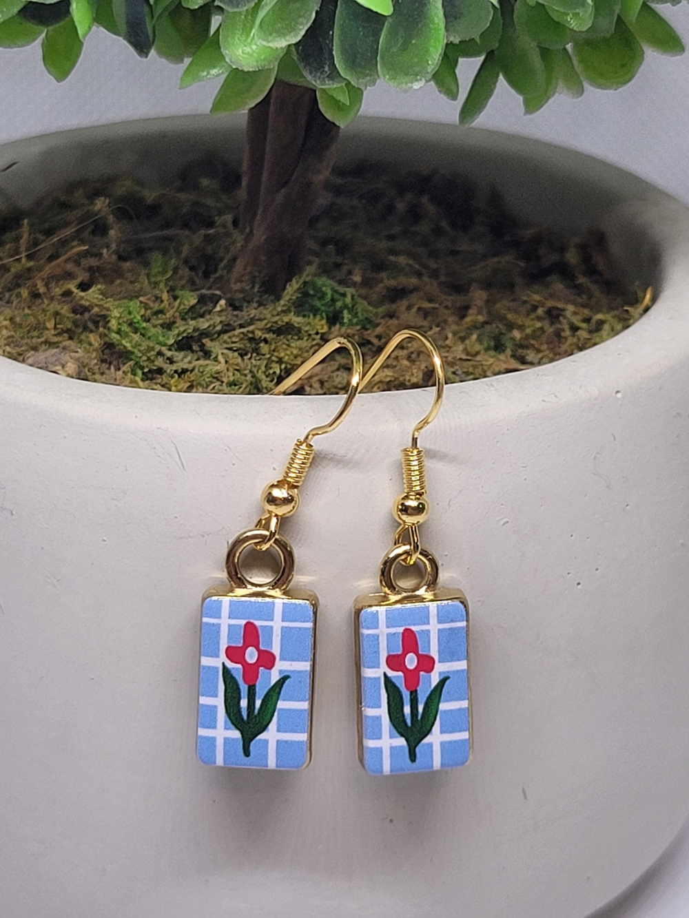 Blue Floral Tile Drop Earrings